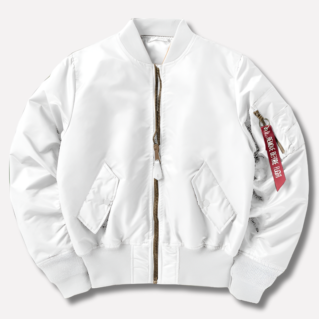 Close-up of the durable polyester fabric of a new lightweight bomber jacket, designed for unisex style.