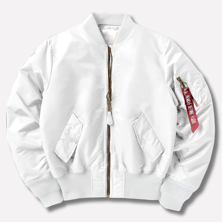 Close-up of the durable polyester fabric of a new lightweight bomber jacket, designed for unisex style.