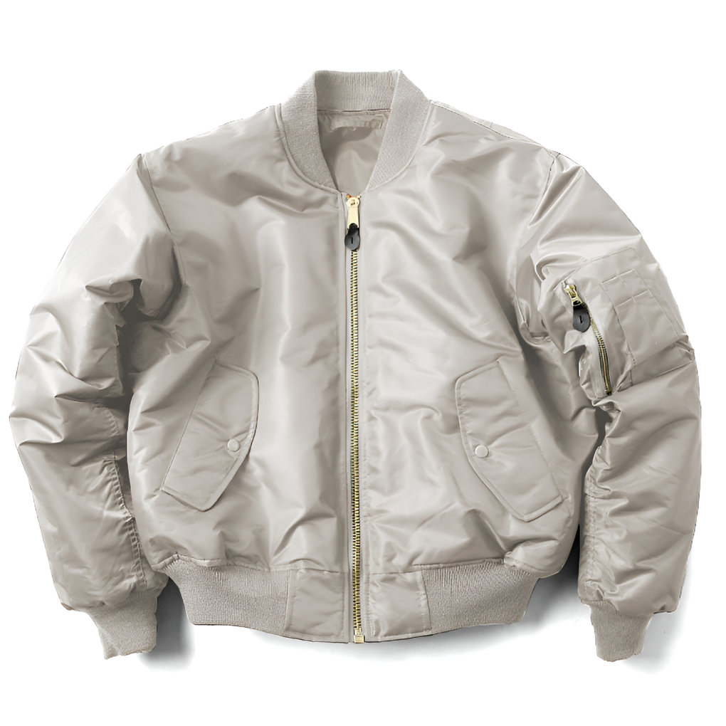Detail shot of the ribbed collar and zipper on a classic unisex bomber jacket, perfect for spring/fall.
