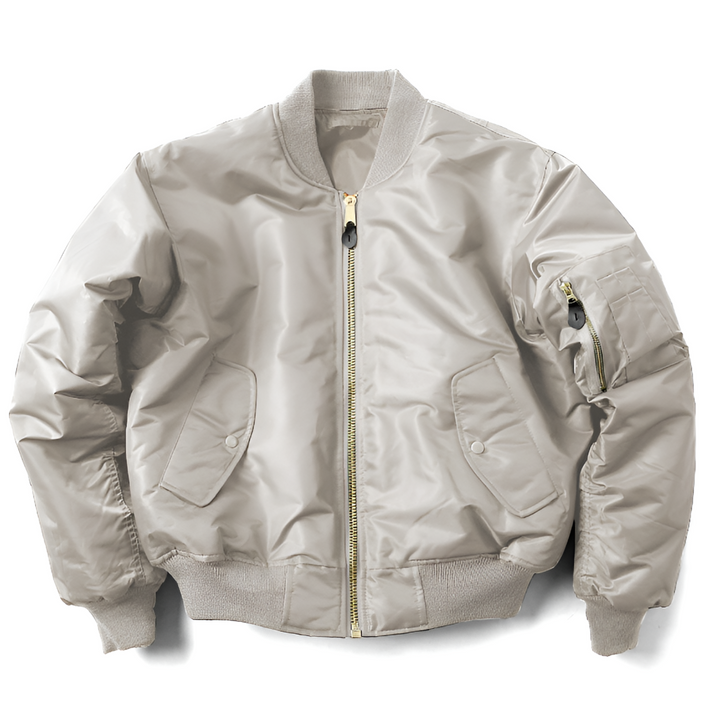 Detail shot of the ribbed collar and zipper on a classic unisex bomber jacket, perfect for spring/fall.
