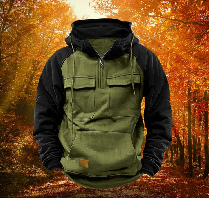 Unisex color block winter hoodie, warm & casual outerwear with utility pockets