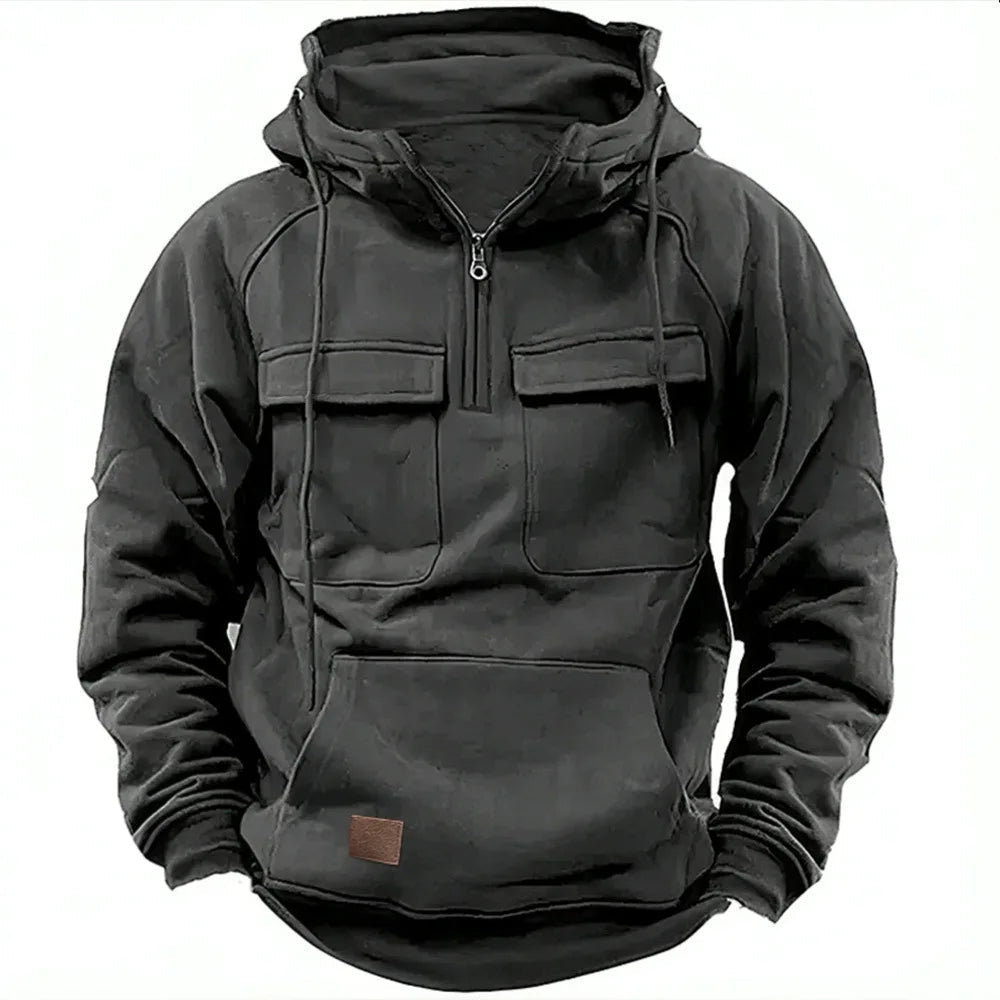 Multifunctional color block unisex hoodie, cozy winter outerwear with practical design
