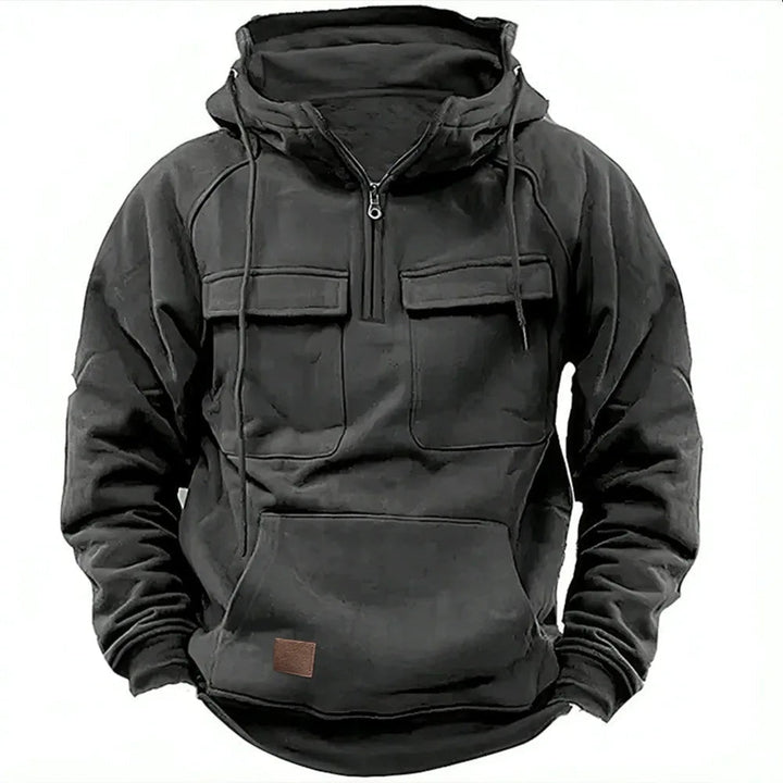 Multifunctional color block unisex hoodie, cozy winter outerwear with practical design