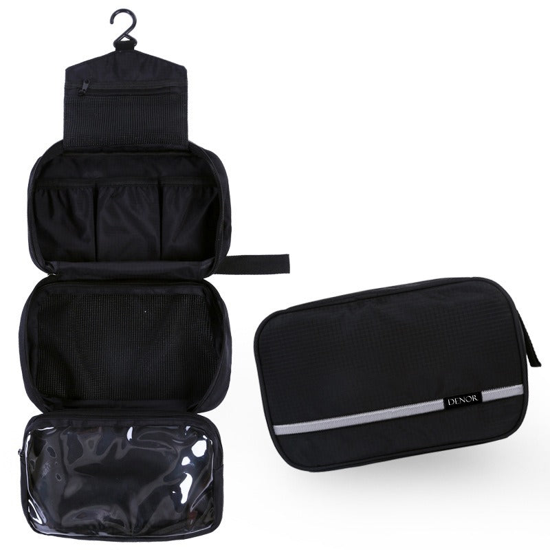 Unisex compact hanging toiletry bag for travel essentials and bathroom organization.