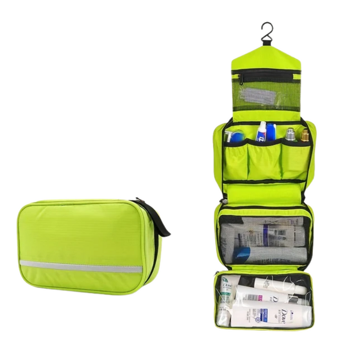 Durable, water-resistant compact hanging toiletry bag for active travelers and camping.