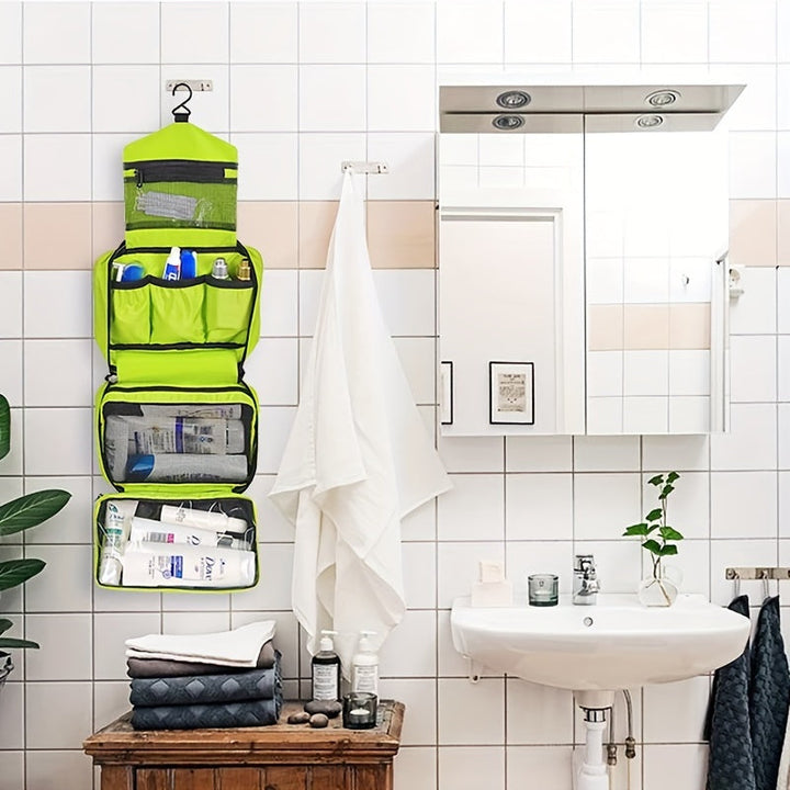 Compact hanging toiletry kit with sturdy hook, ideal for small spaces and travel.