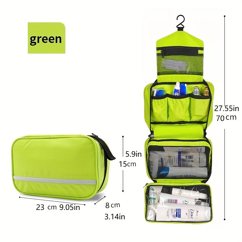 Vacation essential: a unisex compact hanging toiletry organizer for any traveler.