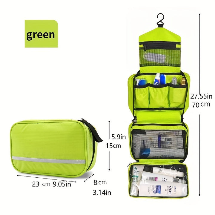 Vacation essential: a unisex compact hanging toiletry organizer for any traveler.