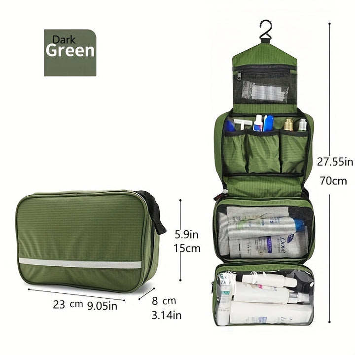 Open hanging toiletry bag showing organized compartments for travel items and cosmetics.
