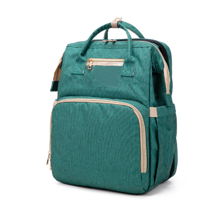 Unisex convertible diaper backpack with integrated foldable bassinet. Perfect for travel & parenting essentials.