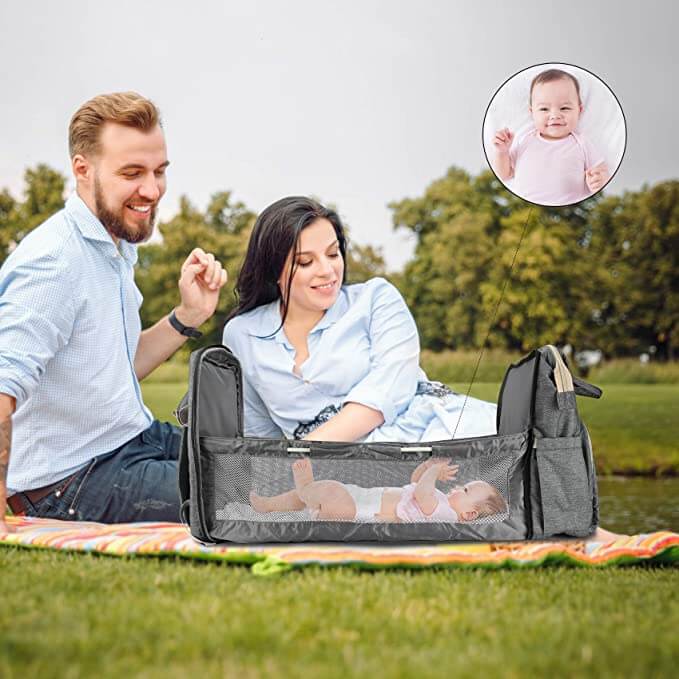 Premium baby essentials: a multi-pocket, waterproof diaper backpack & portable foldable bassinet.