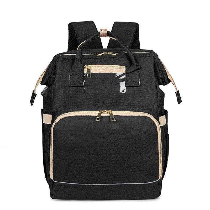 Waterproof multi-pocket baby nappy backpack, easily converts into a portable foldable bassinet for travel.