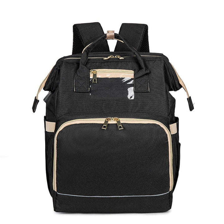 Waterproof multi-pocket baby nappy backpack, easily converts into a portable foldable bassinet for travel.