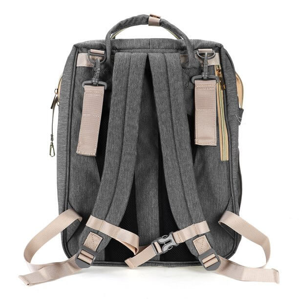 Multi-functional waterproof diaper backpack with a convenient foldable baby bassinet. Great for busy parents.