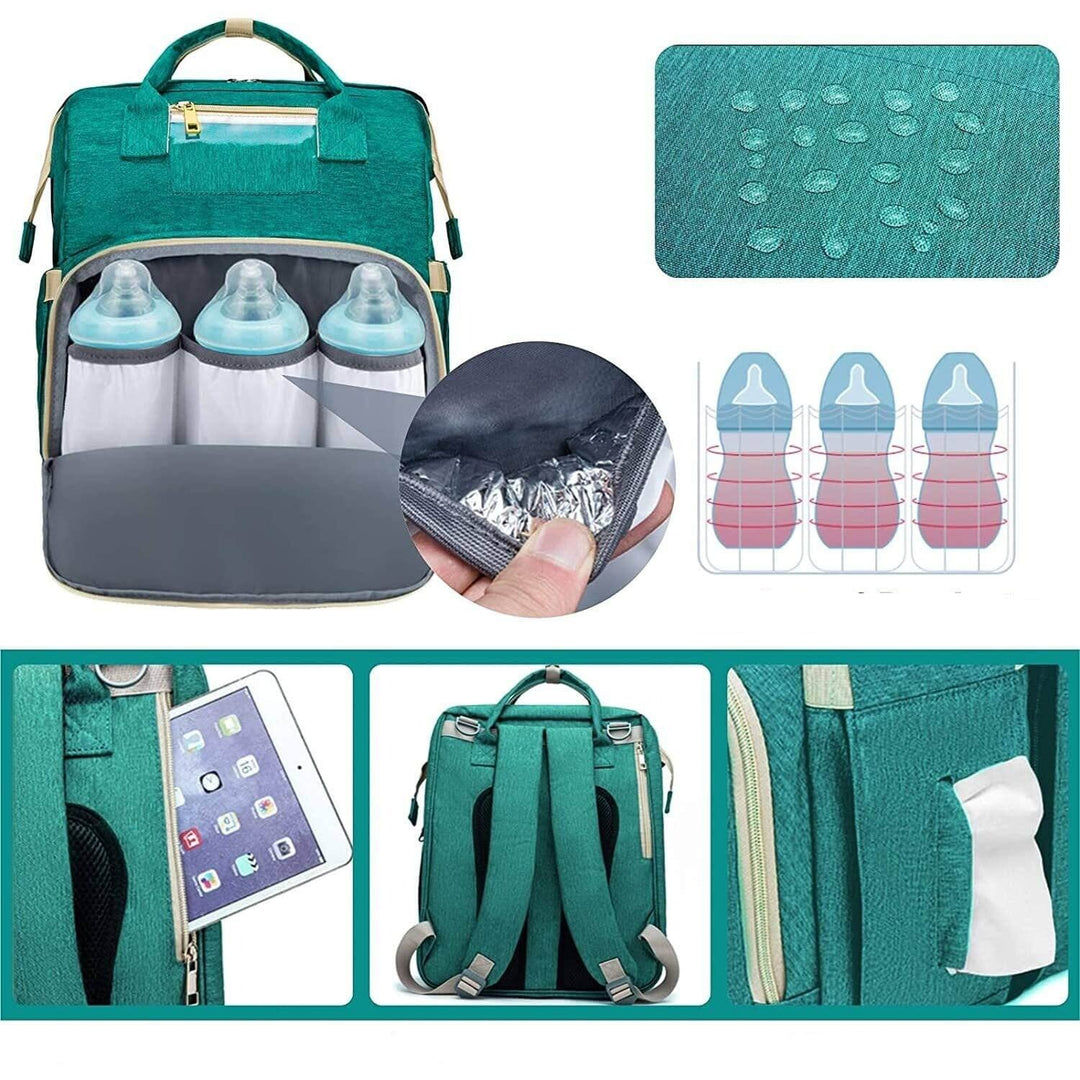 Modern unisex diaper backpack that transforms into a portable baby bassinet. Waterproof & multi-pocket design.