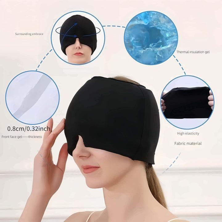 Unisex cooling gel migraine hat for instant headache and fatigue pain relief.