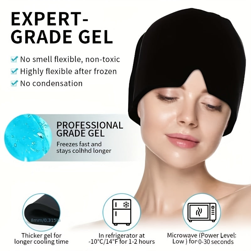 Person wearing a unisex cooling migraine hat for comfortable headache and fever relief.