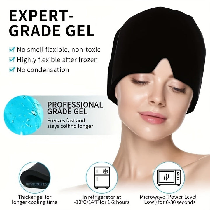 Person wearing a unisex cooling migraine hat for comfortable headache and fever relief.