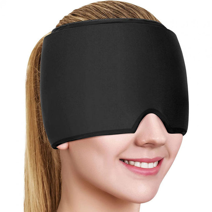Close-up of flexible cooling gel migraine hat for targeted headache and pain relief.