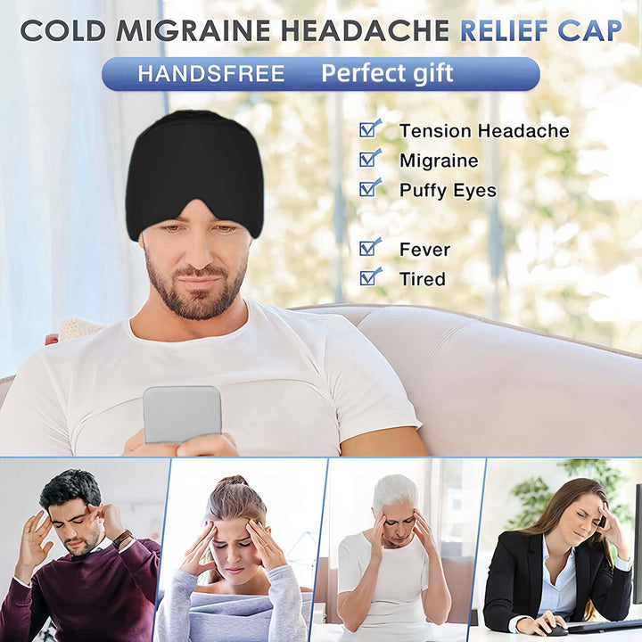 Cooling migraine hat and headband set for headache, fever, and fatigue comfort.