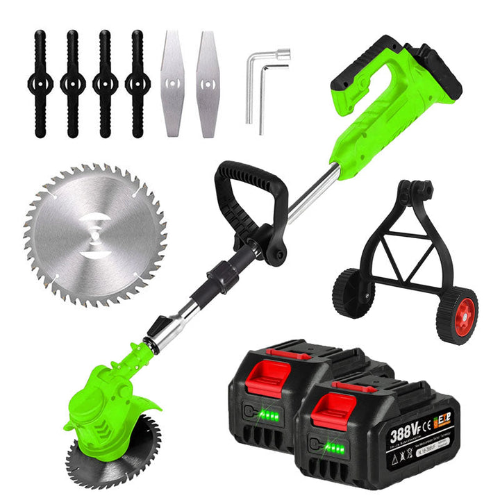 Ergonomic cordless electric grass trimmer with adjustable handle for comfortable use.