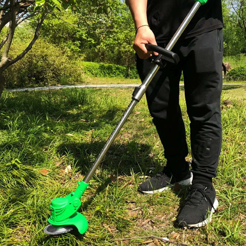 Compact, portable cordless electric grass trimmer for easy storage.