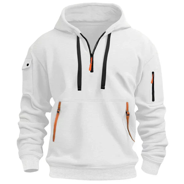 Warm comfortable unisex everyday hoodie in navy blue, front view, with a spacious kangaroo pocket