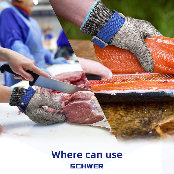 High-quality stainless steel mesh glove for cut resistance in professional kitchen meat prep.