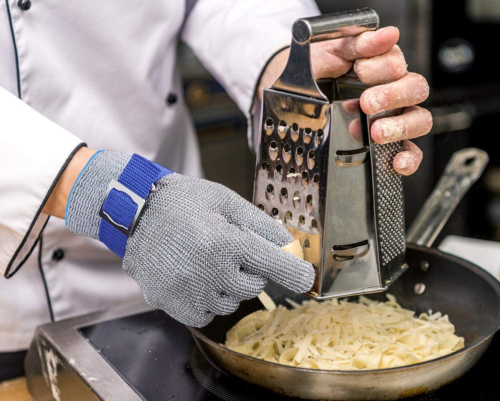 Stainless steel mesh safety glove for food prep, offering maximum cut protection in the kitchen.