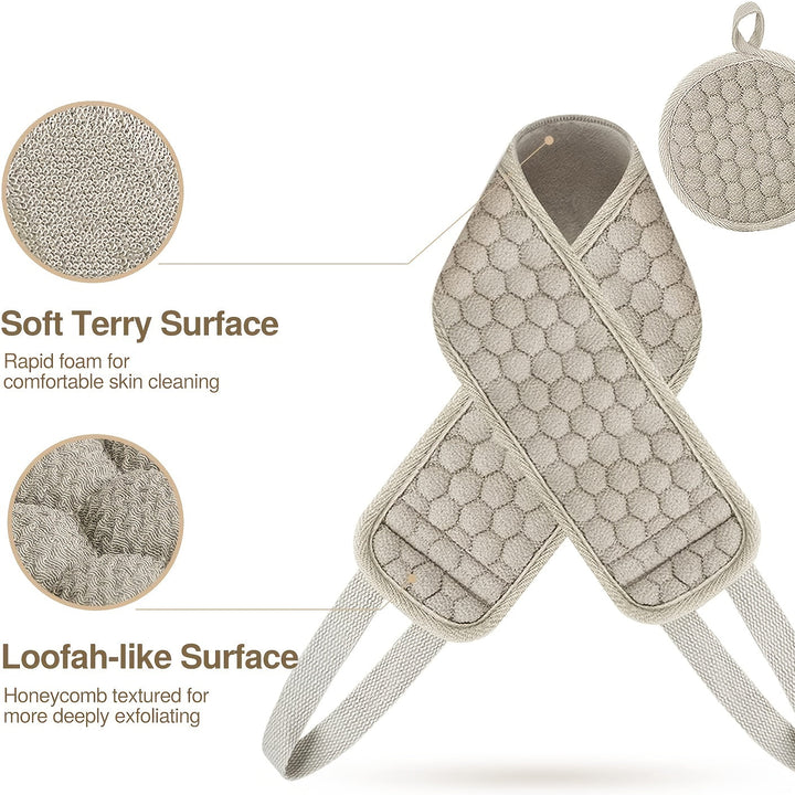 Durable honeycomb back scrubber. Long strap provides easy reach for deep cleansing exfoliation.