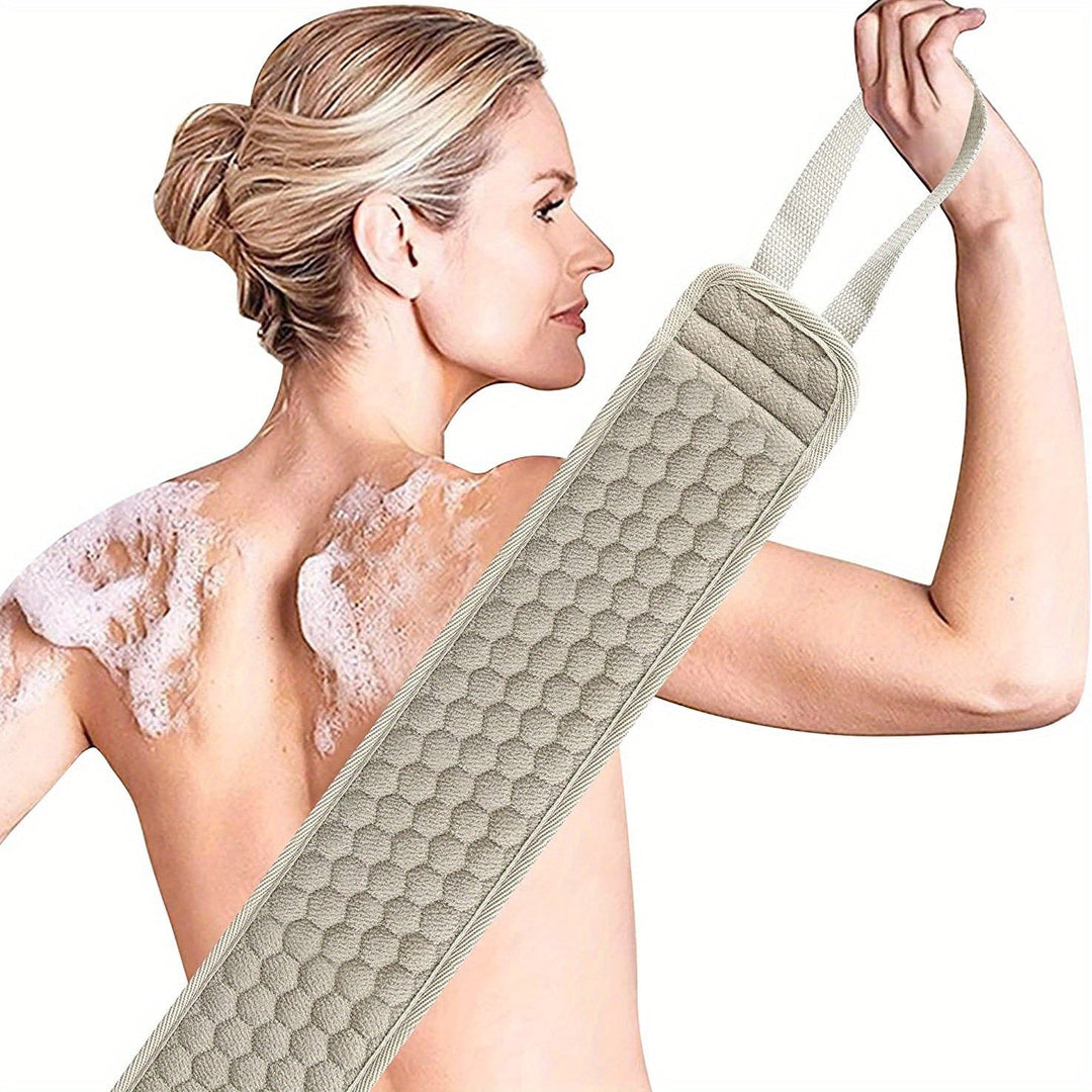 Easy-reach back scrubber with honeycomb texture for thorough, deep cleansing in shower.