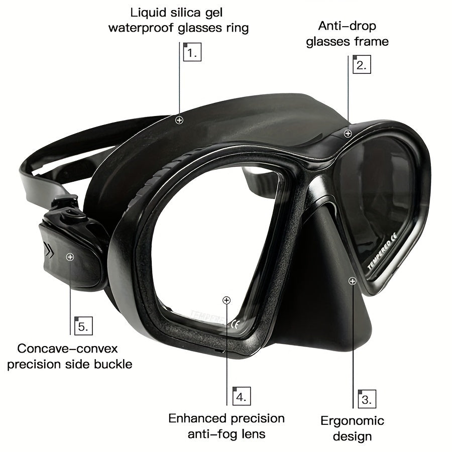 Ergonomic diving mask with anti-fog tempered glass and universal camera mount for underwater filming.