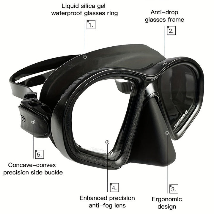 Ergonomic diving mask with anti-fog tempered glass and universal camera mount for underwater filming.
