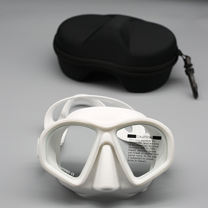 Unisex snorkeling goggles with anti-fog coating, tempered glass & a practical camera attachment.