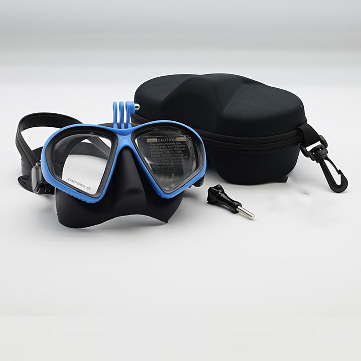 Tempered glass dive mask, anti-fog treated, camera mount included, and a compact storage case.