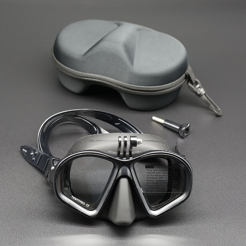 Professional unisex diving mask, anti-fog tempered glass, camera mount, and a protective case.