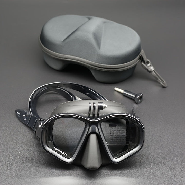 Professional unisex diving mask, anti-fog tempered glass, camera mount, and a protective case.