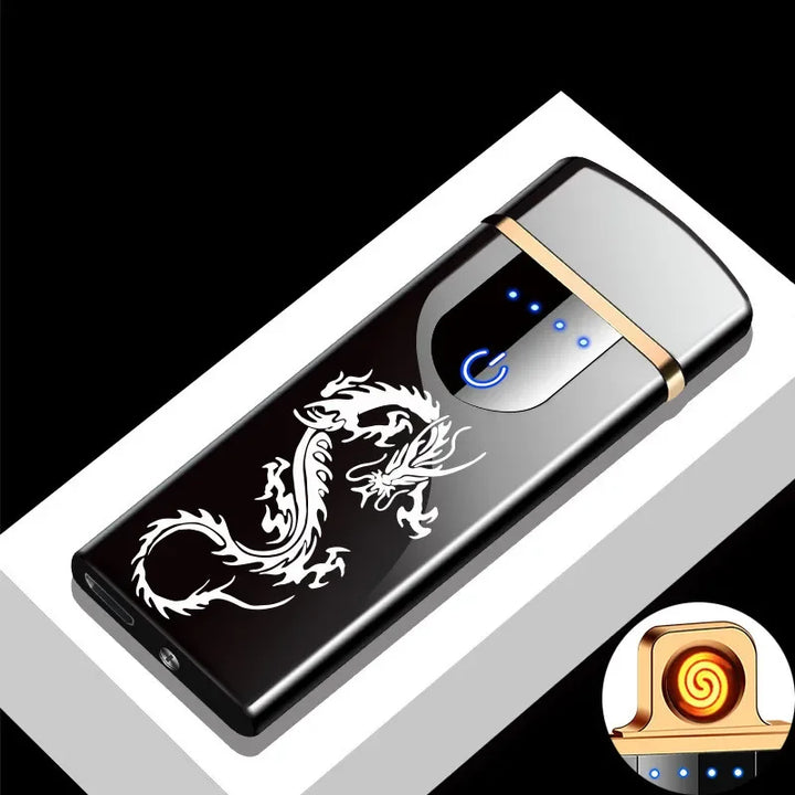 Rechargeable electric plasma lighter, windproof USB ignition, sleek metal finish.