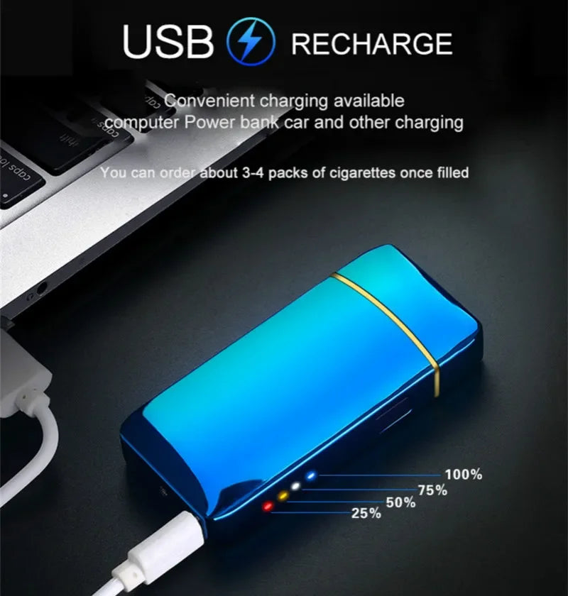 Sleek metal electric plasma lighter, USB rechargeable, windproof for safe outdoor lighting.