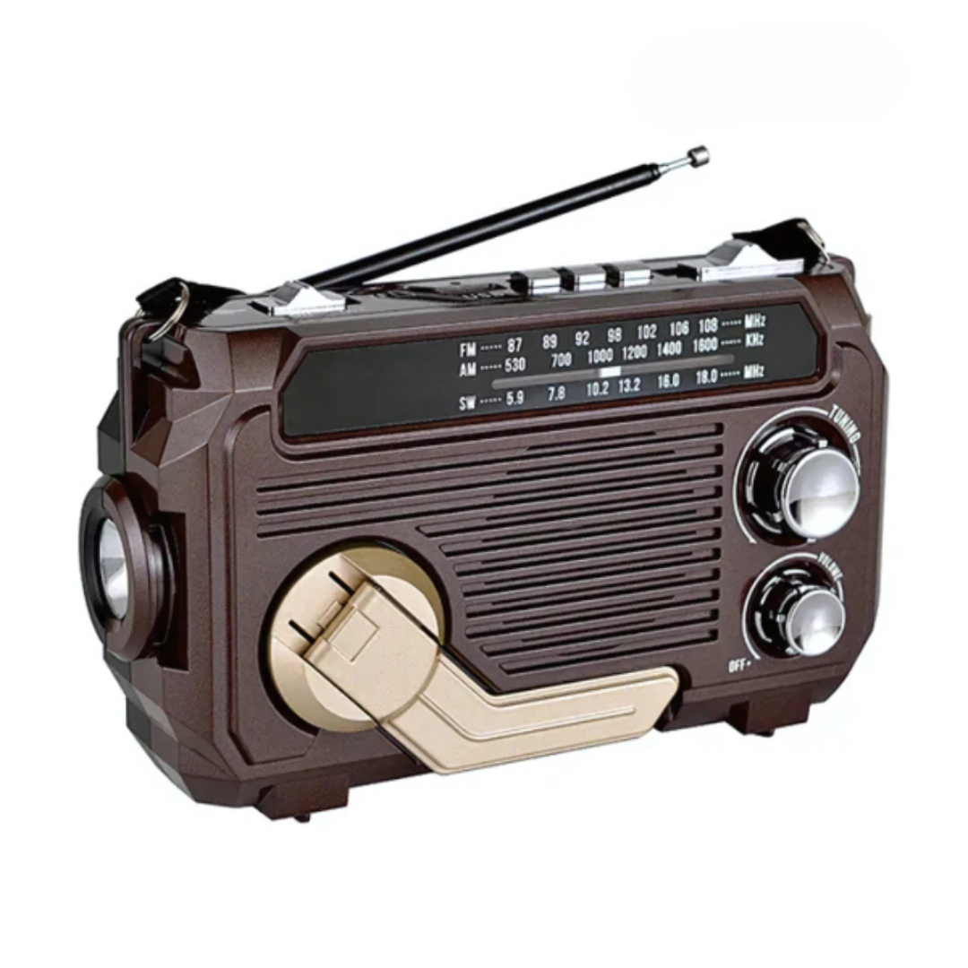 Unisex emergency radio with dynamo & solar panel, AM/FM, power bank & flashlight for survival gear & camping.