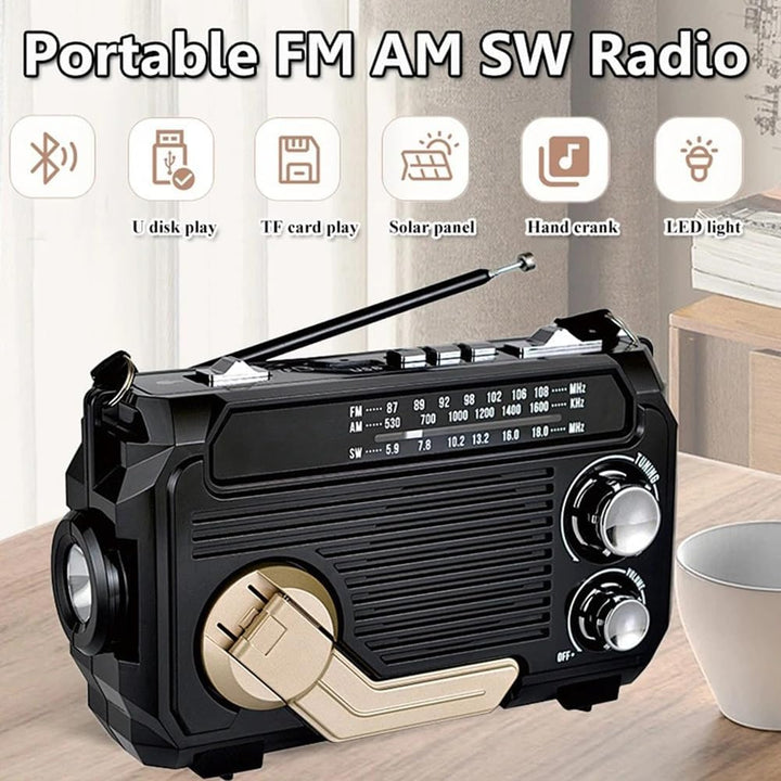 Solar-powered emergency radio with integrated panel, ensuring reliable power for outdoor & disaster preparedness.