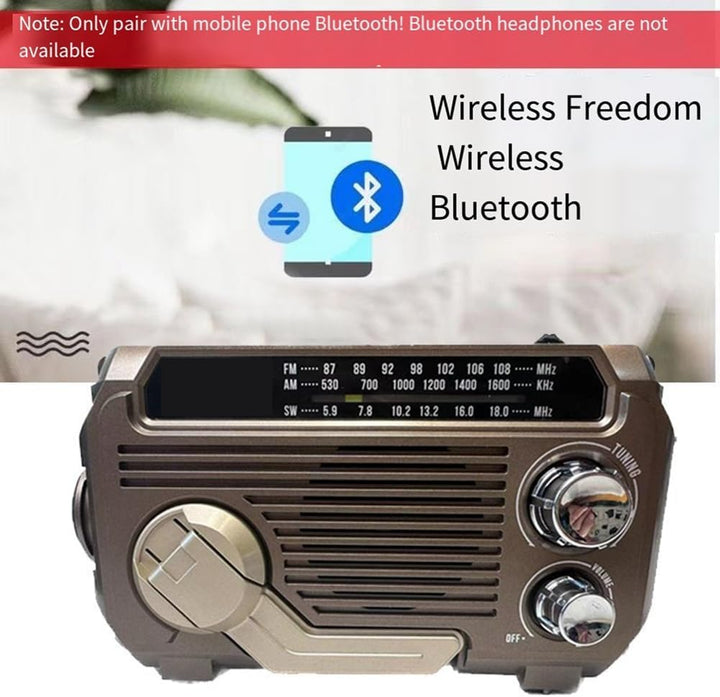 Hand-crank dynamo emergency radio for manual power generation, essential survival gear for off-grid situations.