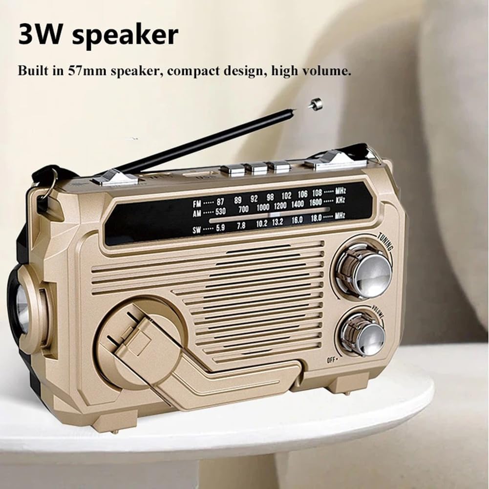 Bright LED flashlight on a unisex emergency radio, providing essential light for camping, outdoor, & emergencies.