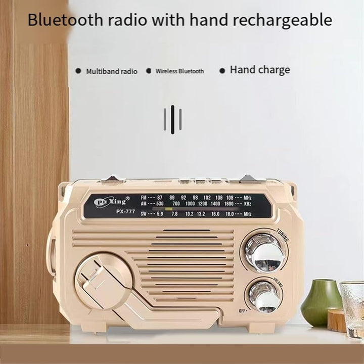 Durable emergency radio in a camping setting, essential solar & hand-crank survival gear for outdoor adventures.