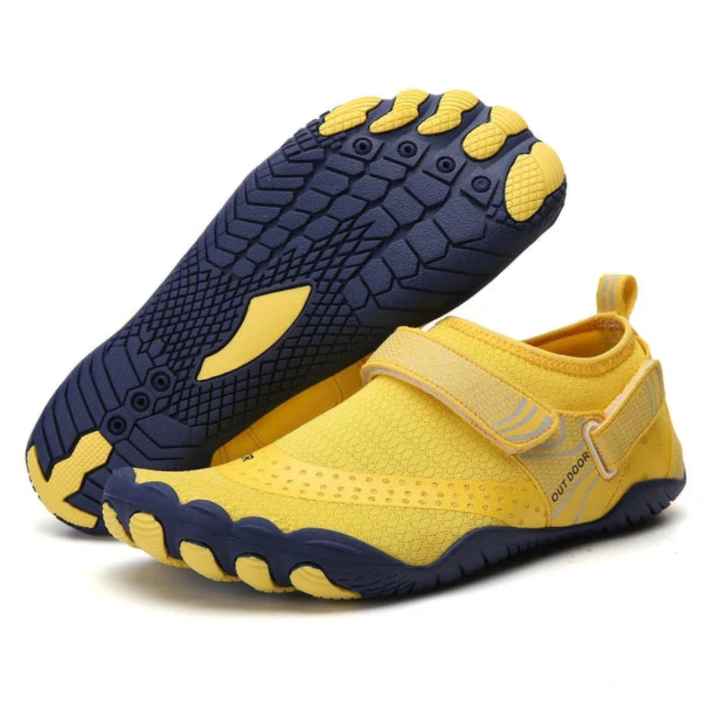 Close-up of flexible sole on unisex barefoot water shoes, ideal for summer outdoor activities