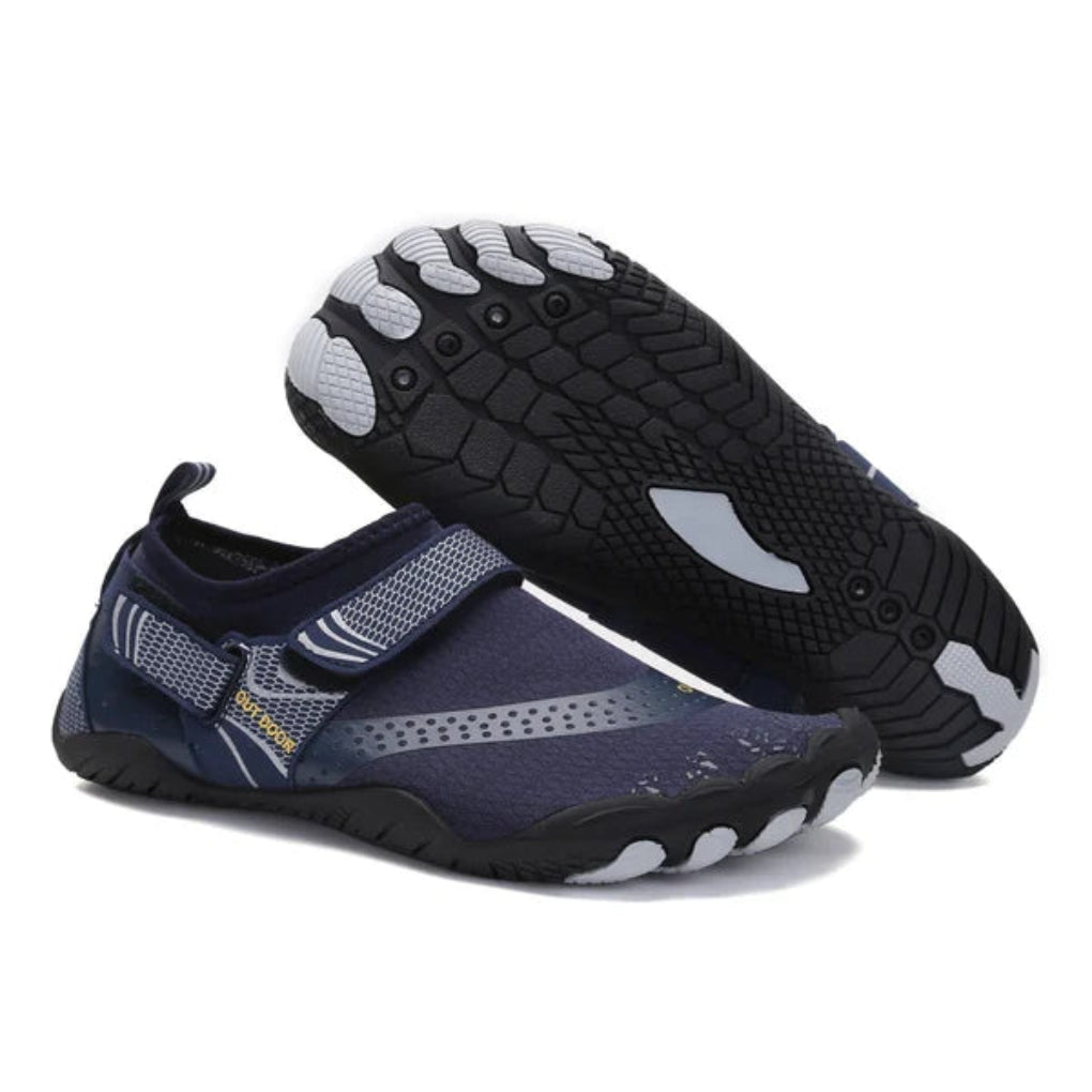 Pair of quick-dry unisex water shoes in blue, designed for comfortable barefoot feel on the beach