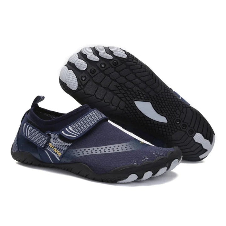 Pair of quick-dry unisex water shoes in blue, designed for comfortable barefoot feel on the beach