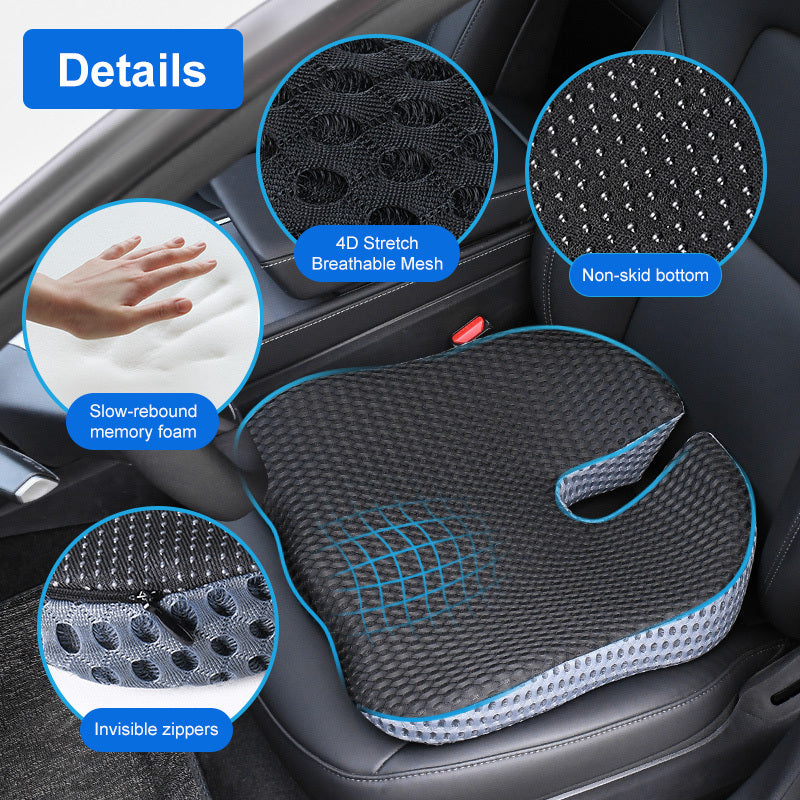 Close-up of breathable memory foam car seat cushion, showing non-slip fabric for ergonomic driving support.