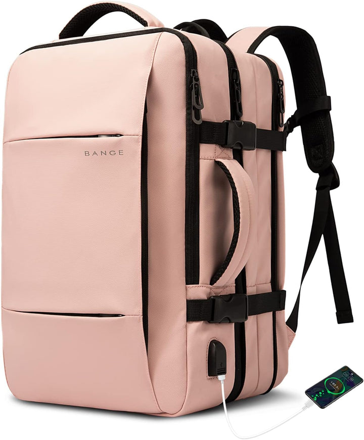 Front view of expandable 26-45L travel backpack, waterproof, with multiple pockets.