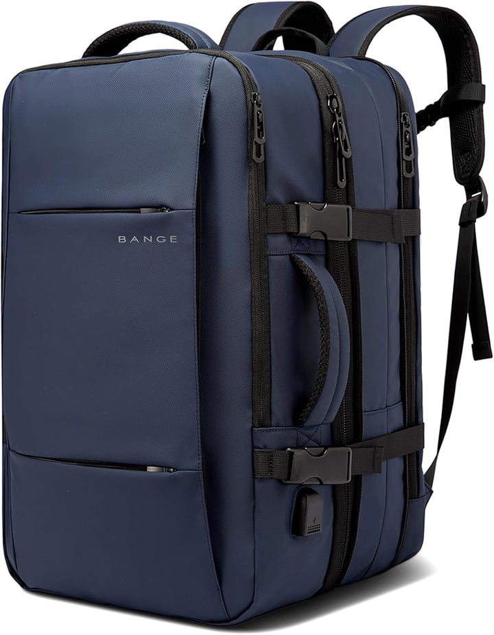 Side view of 45L travel backpack, fully expanded, showing carry-on size & versatility.